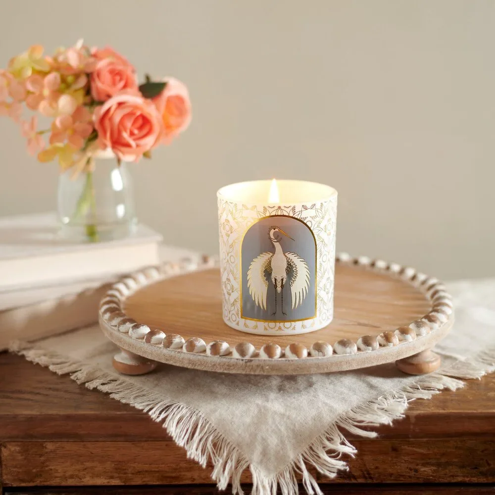 Nouveau Crane Sage Scent Jar Candle | Bird Pattern Metallic Gold Accent Frosted